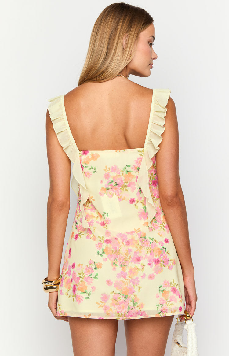 Yellow Floral Chiffon Mini Dress