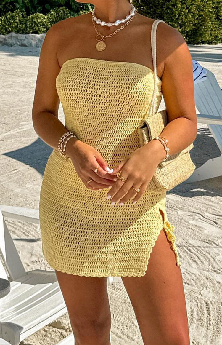 Yellow Knit Bandeau Mini Dress