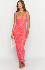 Orange Red Floral Maxi Dress