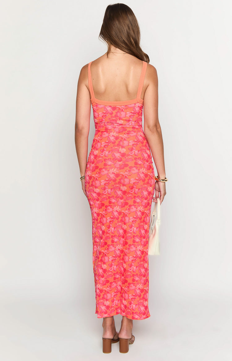 Orange Red Floral Maxi Dress
