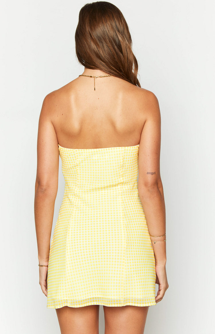 Yellow Gingham Strapless Mini Dress