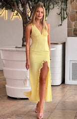 Yellow Plunging High Slit Maxi Dress