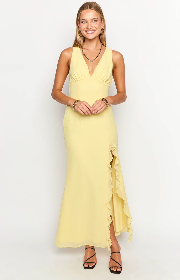 Yellow Plunging High Slit Maxi Dress