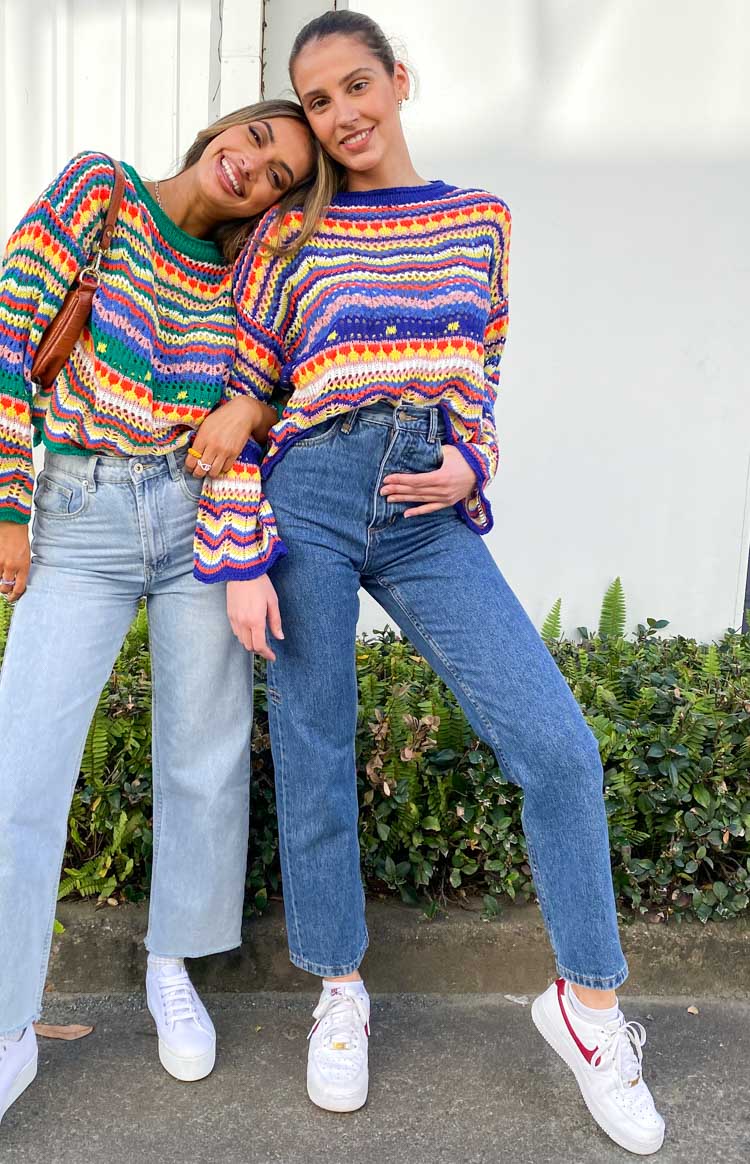 Blue Rainbow Striped Knit Sweater