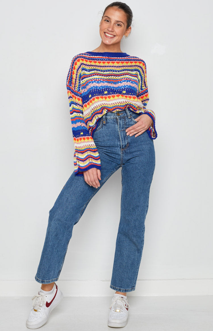Blue Rainbow Striped Knit Sweater