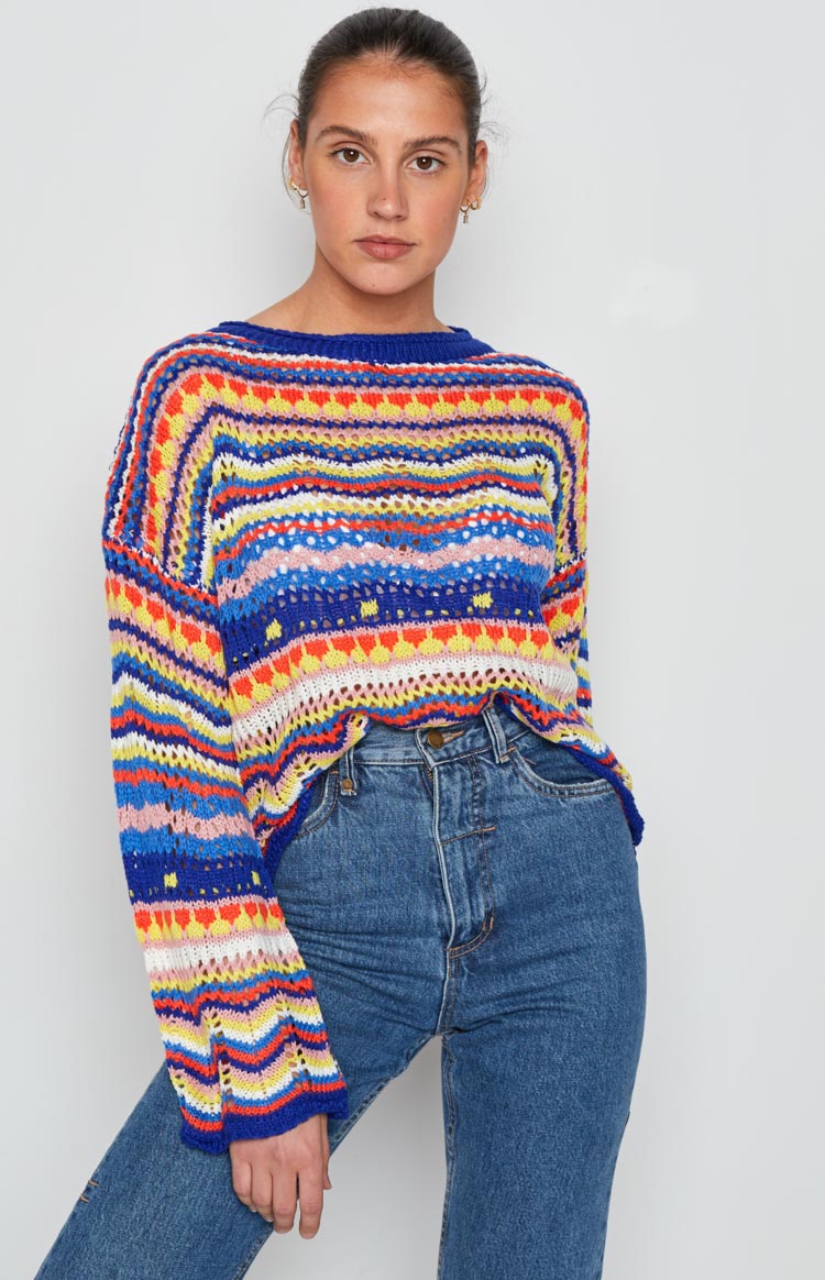 Blue Rainbow Striped Knit Sweater