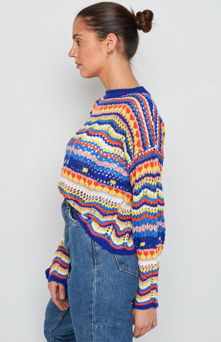 Blue Rainbow Striped Knit Sweater