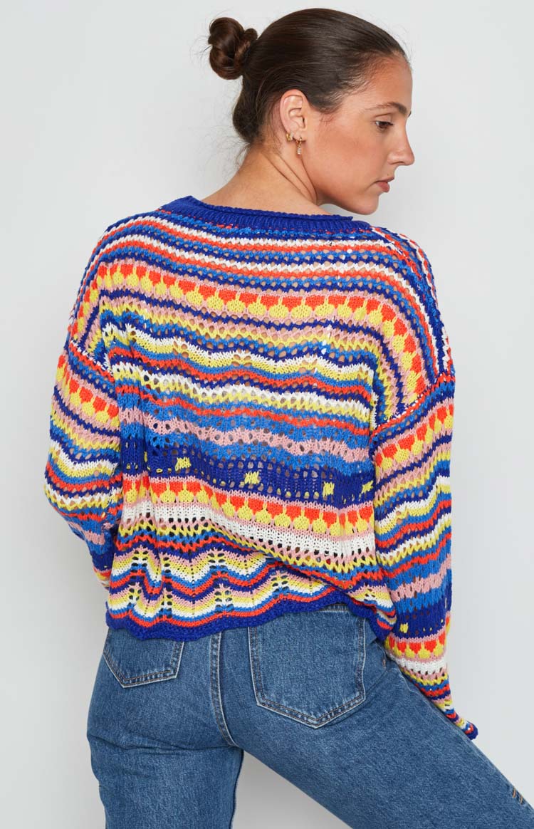 Blue Rainbow Striped Knit Sweater