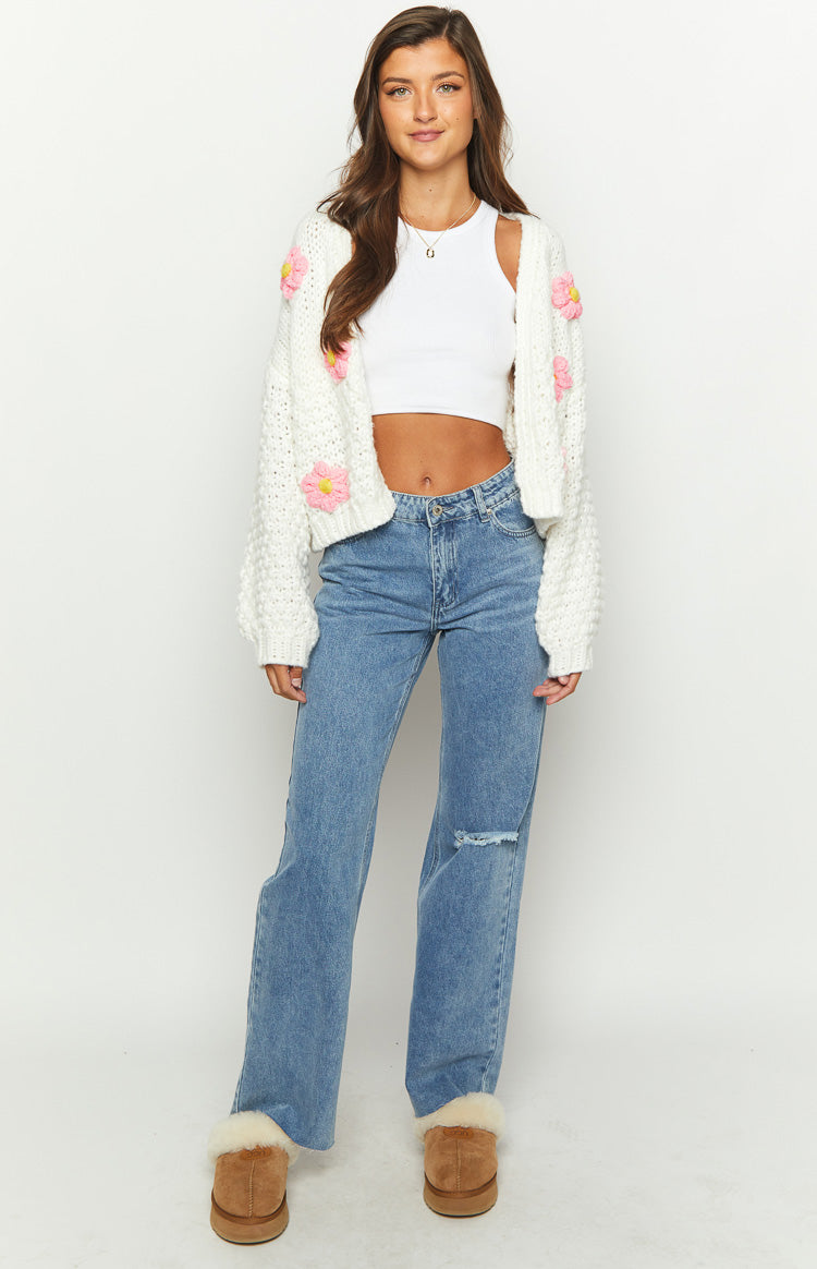 White Flower Front-Tie Knit Cardigan