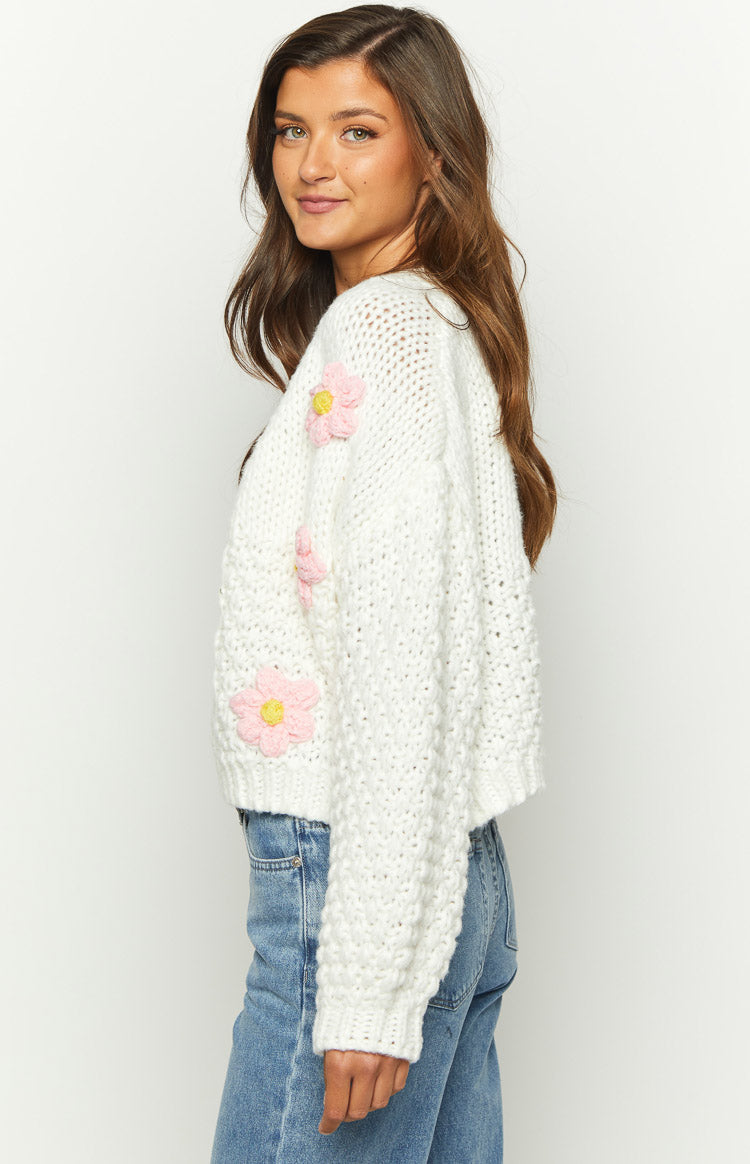 White Flower Front-Tie Knit Cardigan