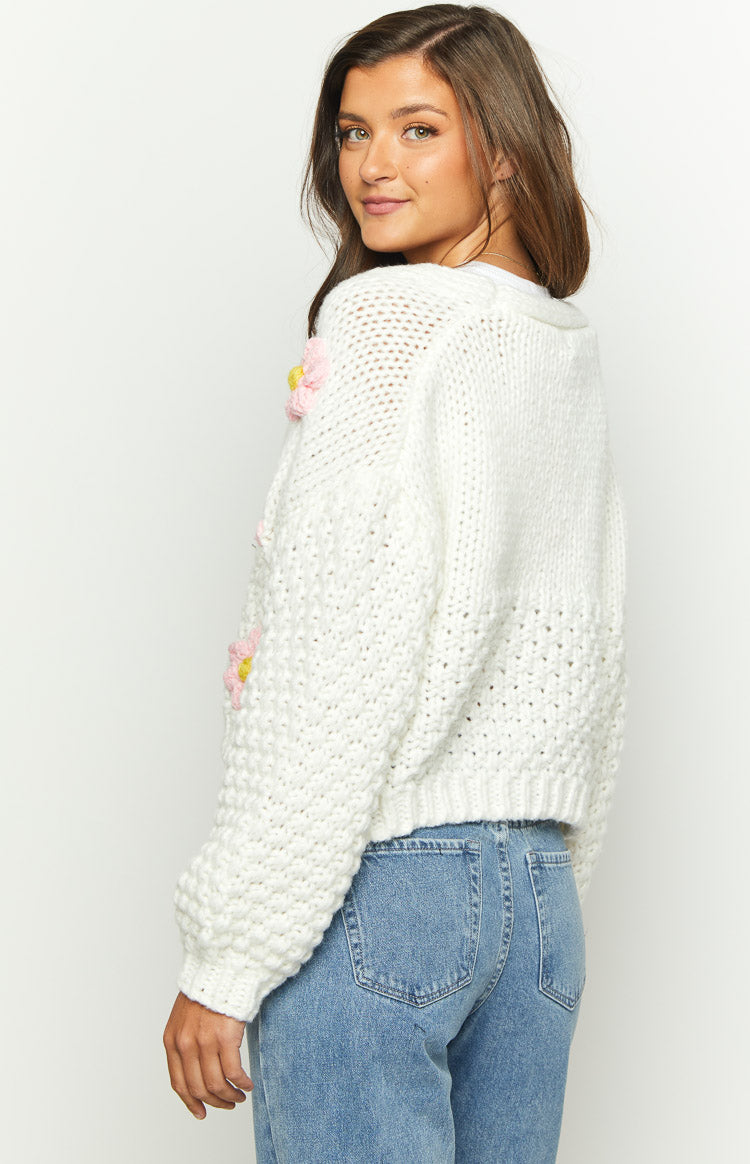 White Flower Front-Tie Knit Cardigan