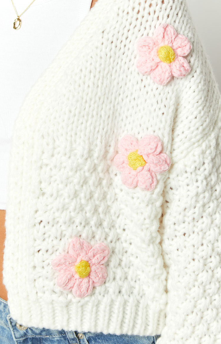 White Flower Front-Tie Knit Cardigan