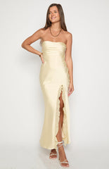 Light Yellow Strapless Satin Maxi Dress