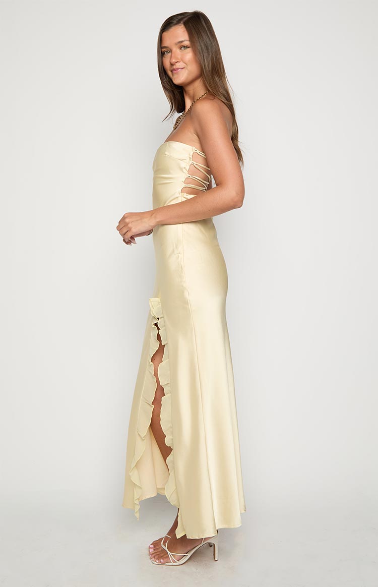 Light Yellow Strapless Satin Maxi Dress