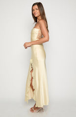 Light Yellow Strapless Satin Maxi Dress