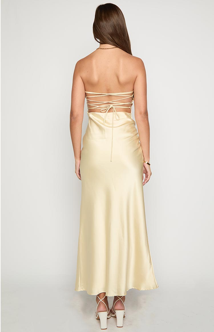 Light Yellow Strapless Satin Maxi Dress