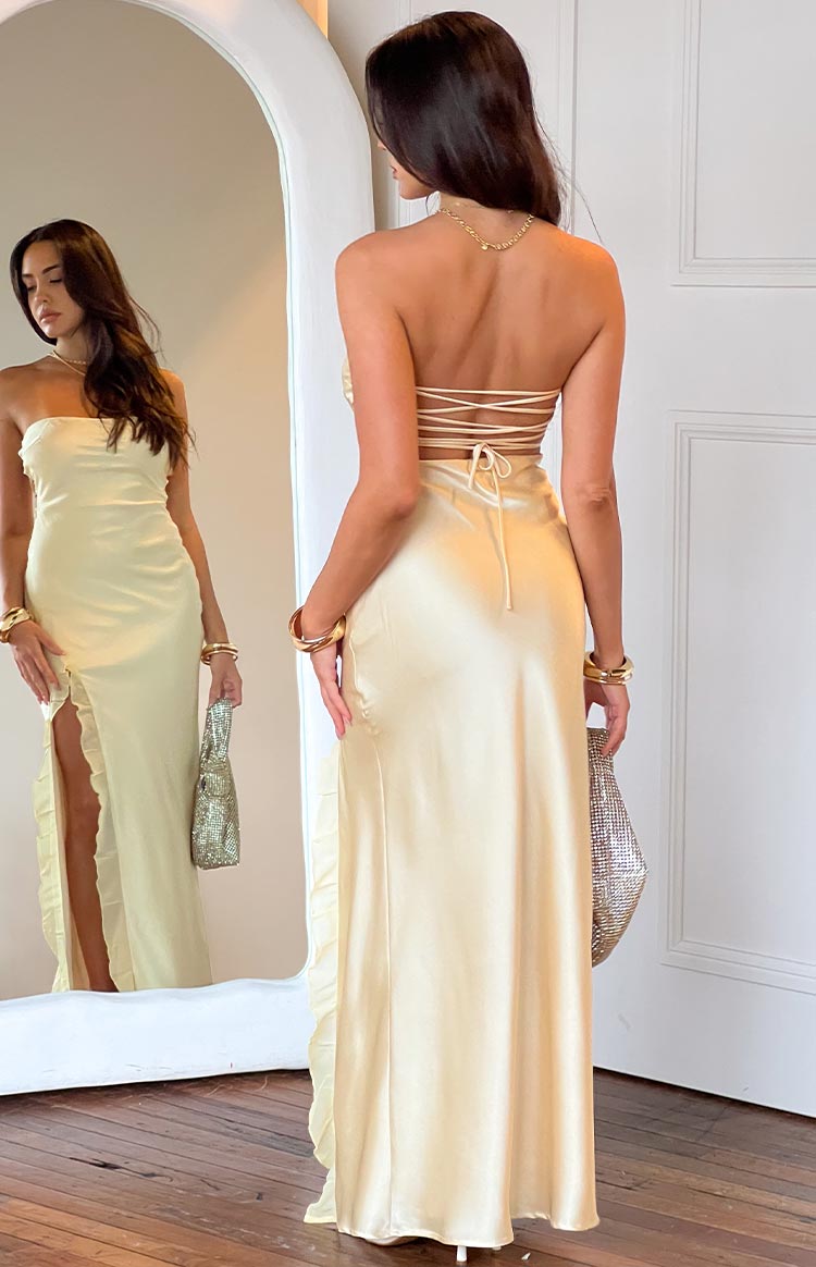 Light Yellow Strapless Satin Maxi Dress