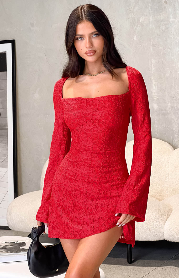 Red Lace Long Sleeve Mini Dress