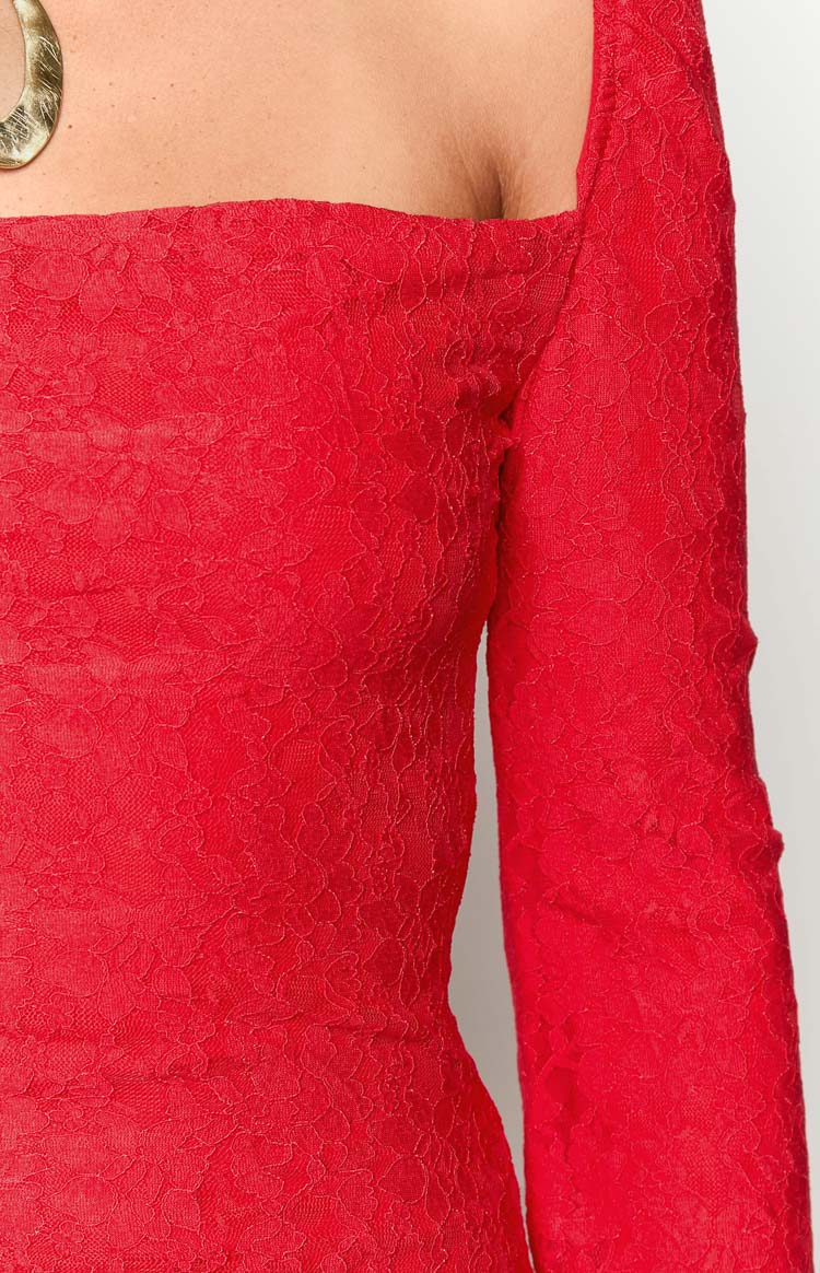 Red Lace Long Sleeve Mini Dress
