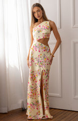 Yellow Floral Satin Maxi Dress