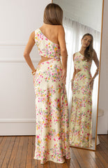 Yellow Floral Satin Maxi Dress