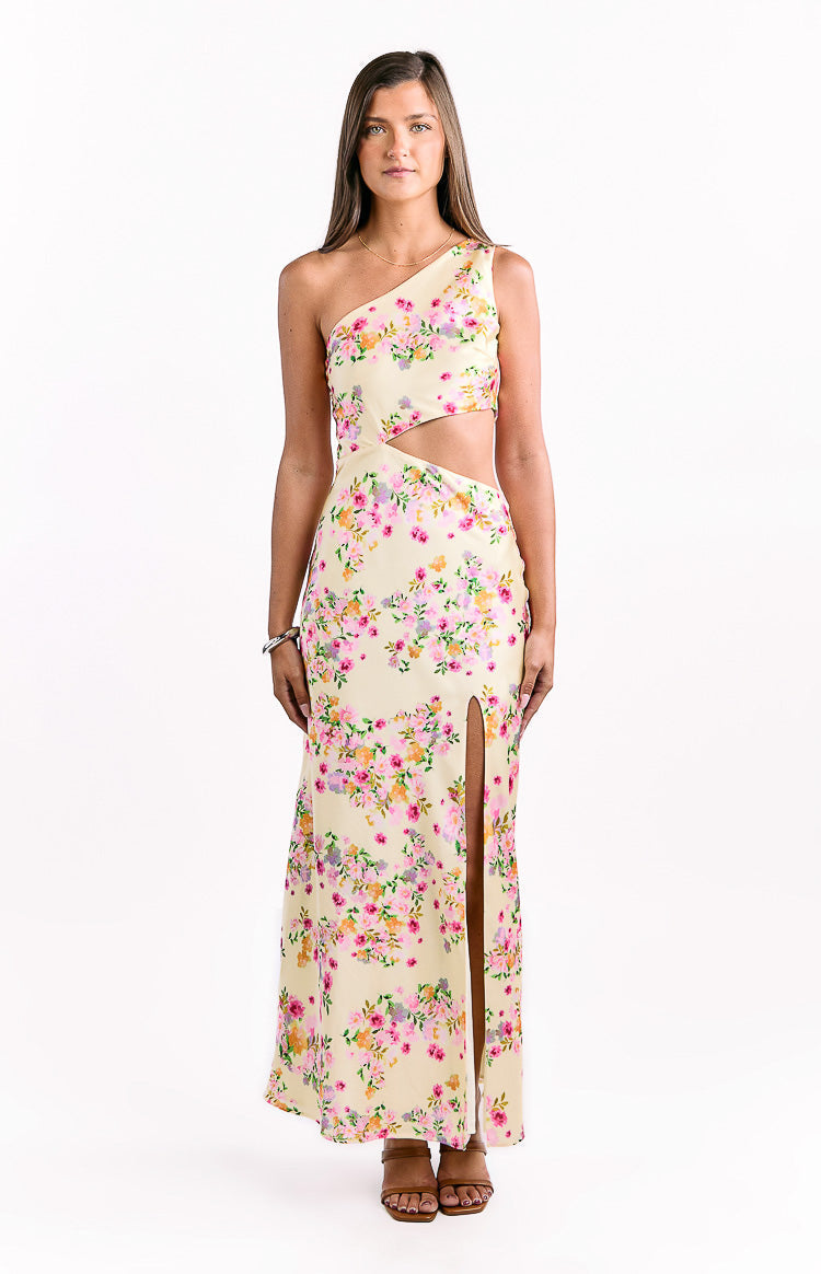 Yellow Floral Satin Maxi Dress