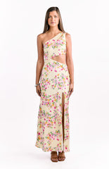 Yellow Floral Satin Maxi Dress