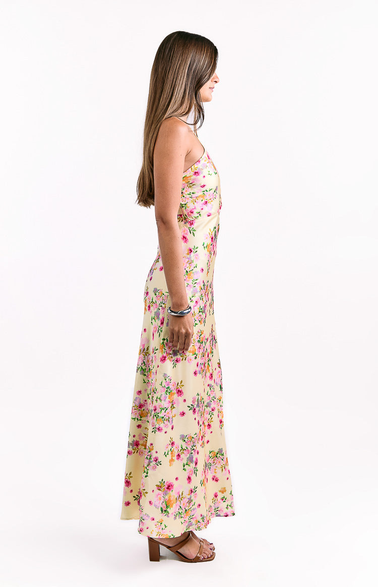 Yellow Floral Satin Maxi Dress