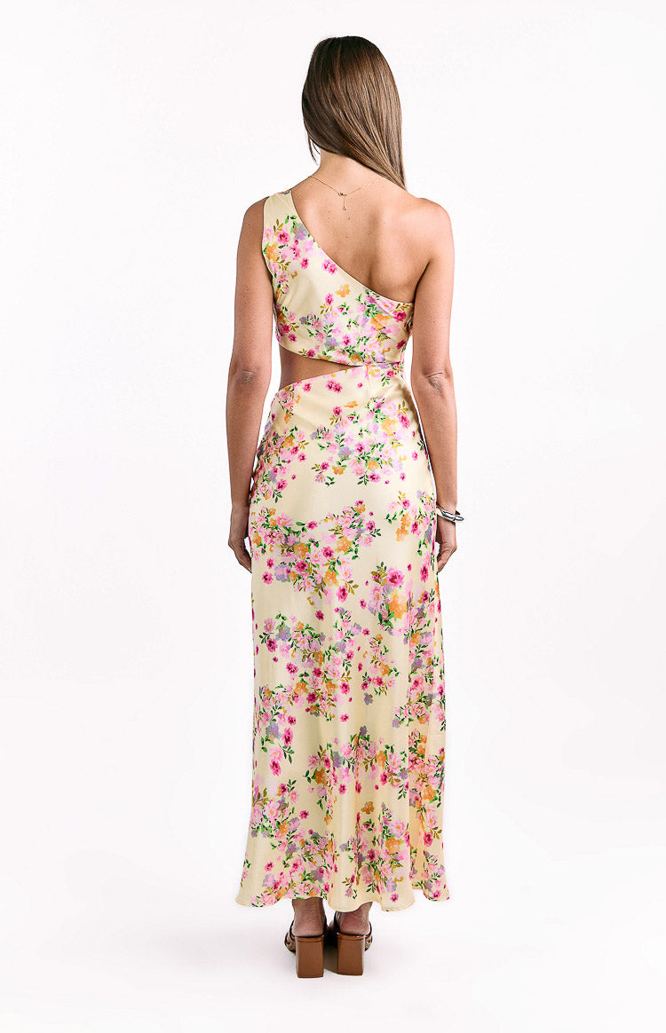 Yellow Floral Satin Maxi Dress