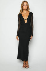 Elegant Black Long Sleeved Maxi Dress