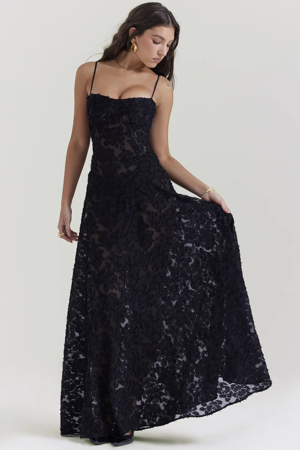 Chic Floral Textured Slip Maxi Dress