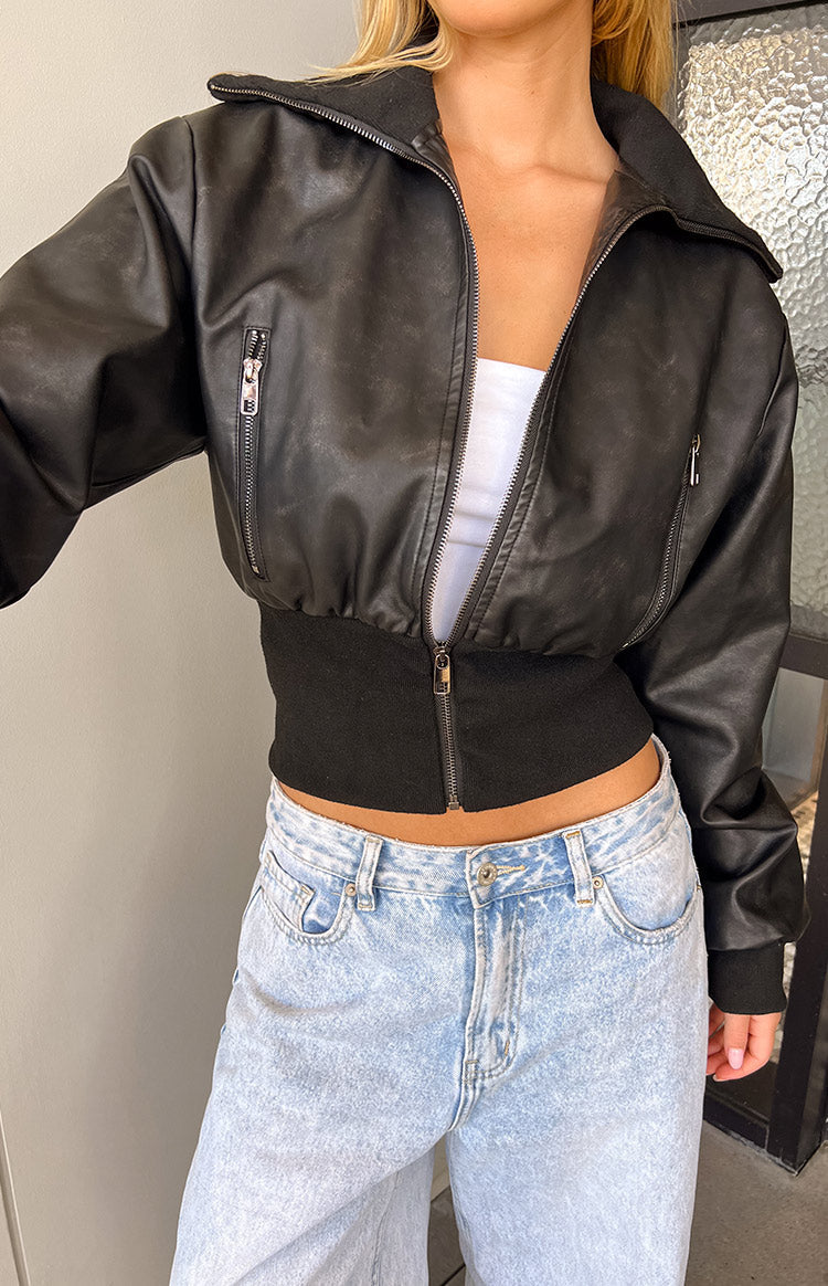 Black Solid Crop Bomber Jacket