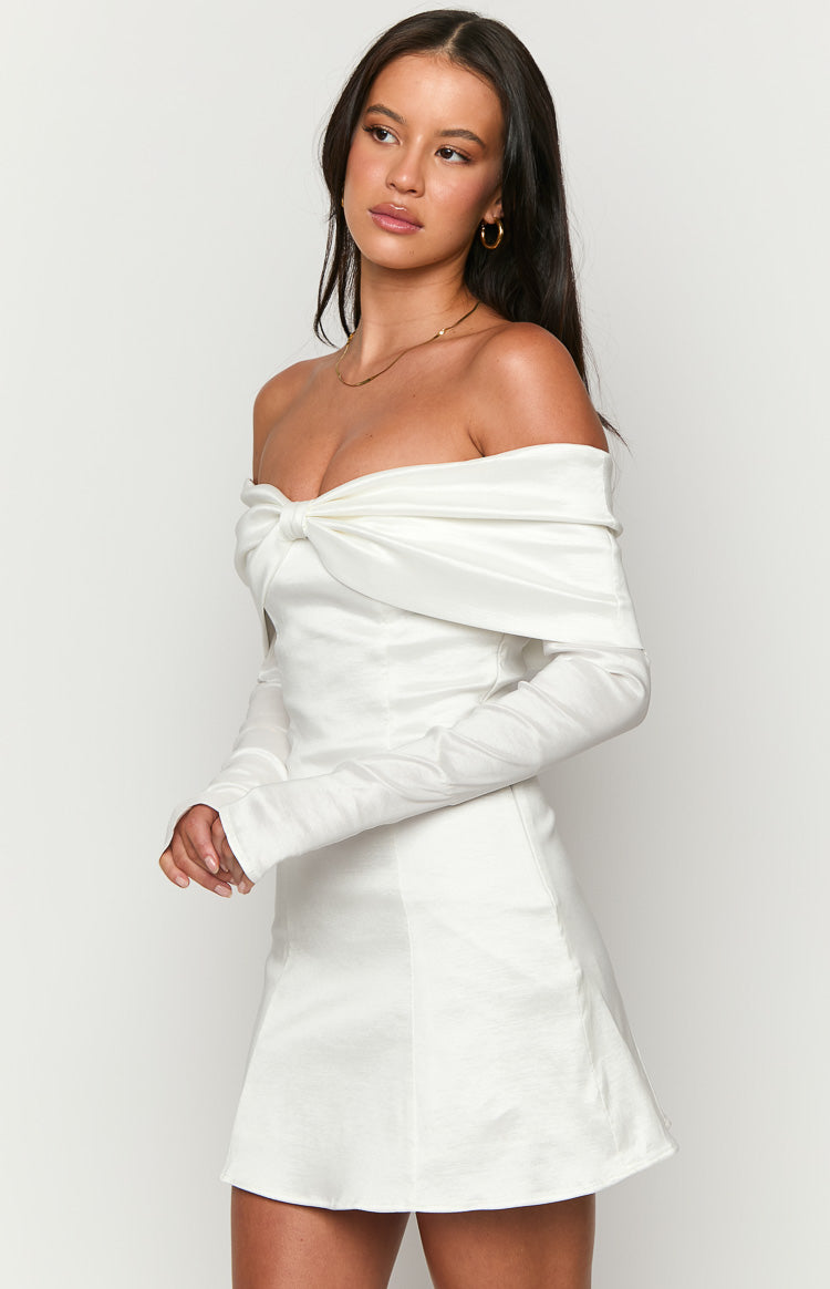 White Off Shoulder Long Sleeve Mini Dress