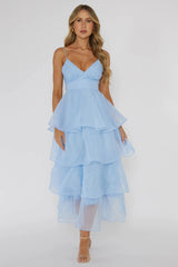 Organza Open Back Tiered Midi Dress