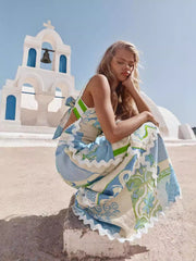 Blue Floral Linen Midi Dress