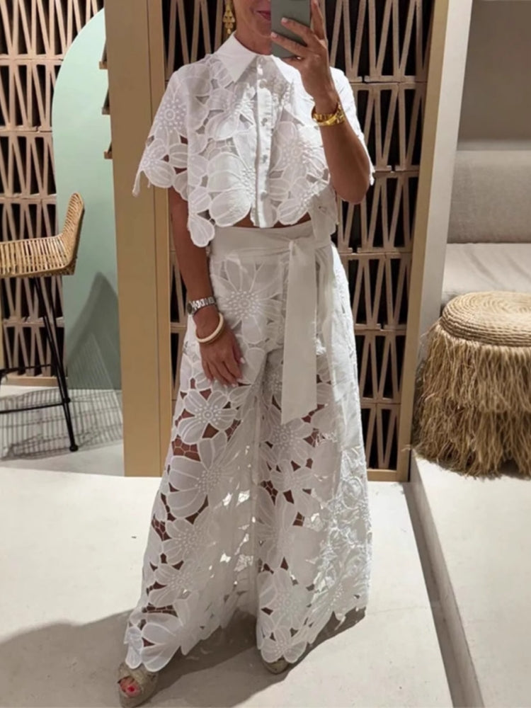 White Lace Crop Top and Wide-Leg Pants Two Piece Set