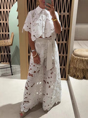 White Lace Crop Top and Wide-Leg Pants Two Piece Set