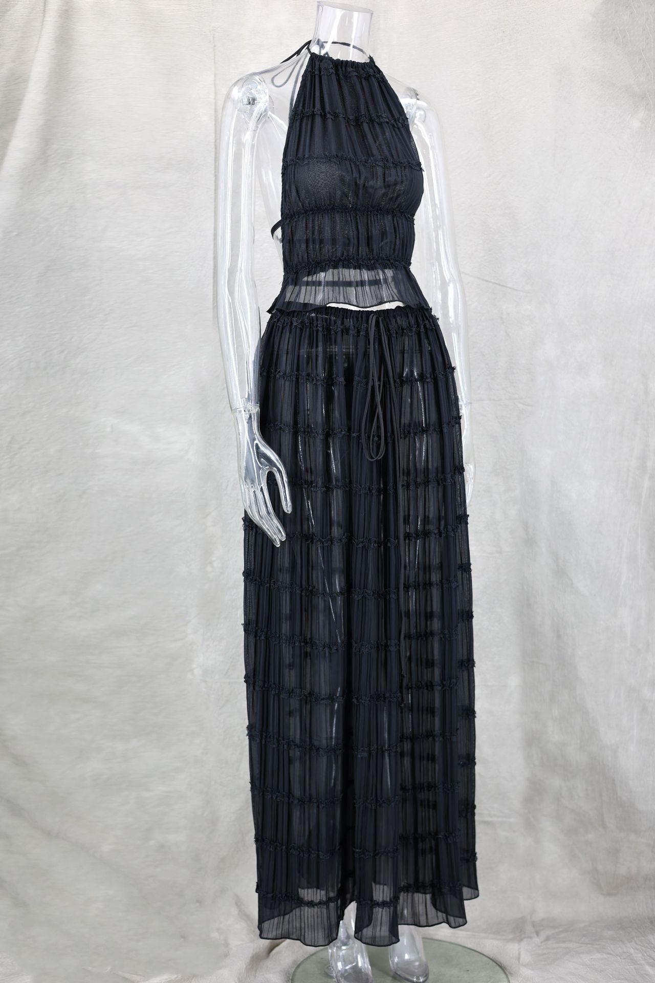 Halterneck Ruched Texture Tank Top Maxi Skirt Two-Piece Suit