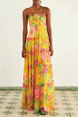 Vibrant Yellow Floral Halter Maxi Dress