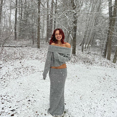 Off-Shoulder Knit Sweater And Long Skirt Set