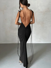 Black Backless Ruched Evening Dress