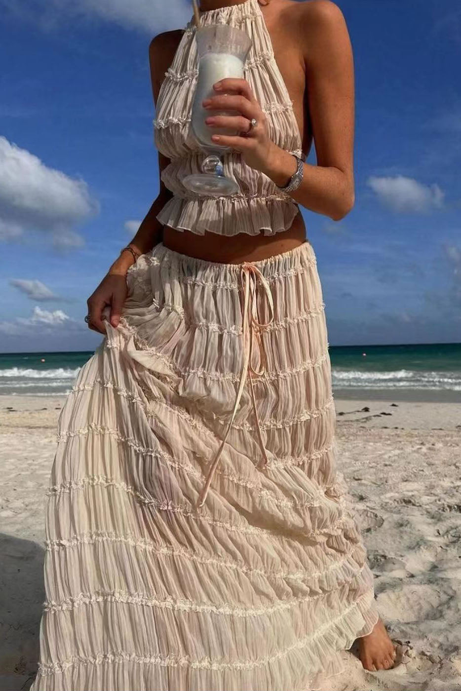 Halterneck Ruched Texture Tank Top Maxi Skirt Two-Piece Suit
