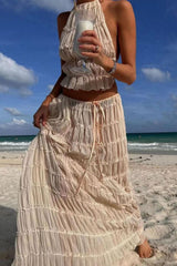 Halterneck Ruched Texture Tank Top Maxi Skirt Two-Piece Suit