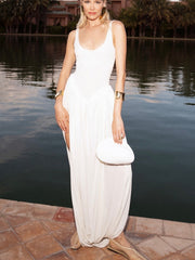 White Ruched High Waist Midi Dress