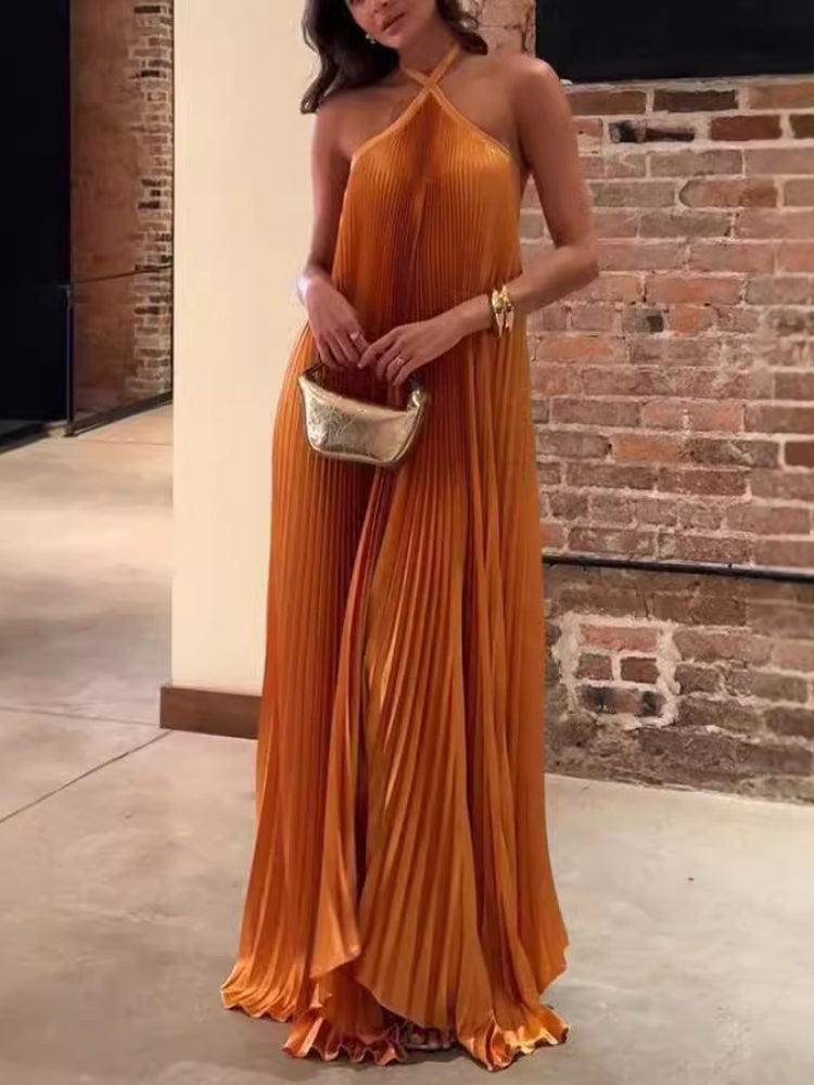 Orange Halter Backless Maxi Dress