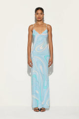 Wavy Line Printed Satin Maxi Dress