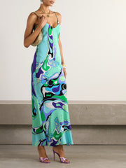 Wavy Line Printed Satin Maxi Dress