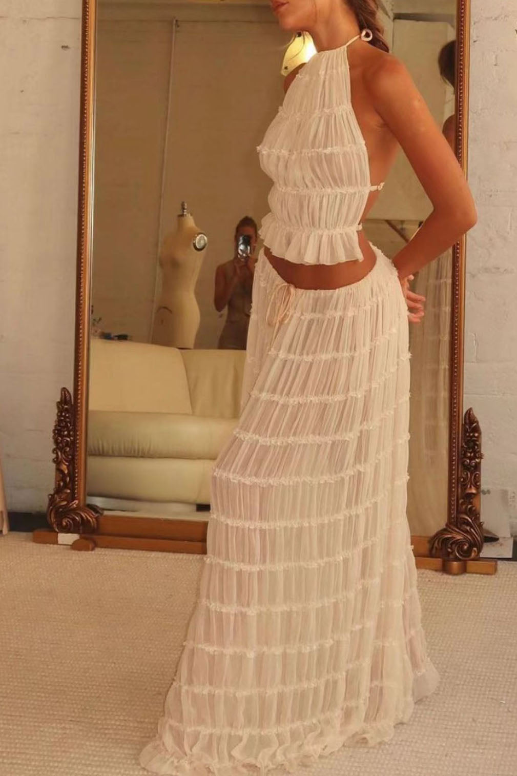 Halterneck Ruched Texture Tank Top Maxi Skirt Two-Piece Suit