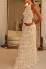 Halterneck Ruched Texture Tank Top Maxi Skirt Two-Piece Suit