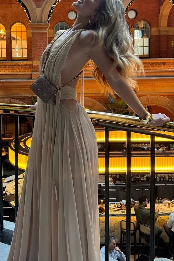 Beige Plunging Halter Neck Maxi Dress